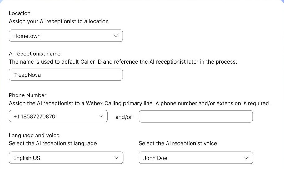 Setup basics in Control Hub: assigning the AI receptionist to a location, naming it, giving it a Webex Calling number, and picking its language and voice.