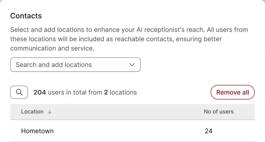 Connected locations: adding locations makes their users reachable contacts, with a running count of how many people that is.