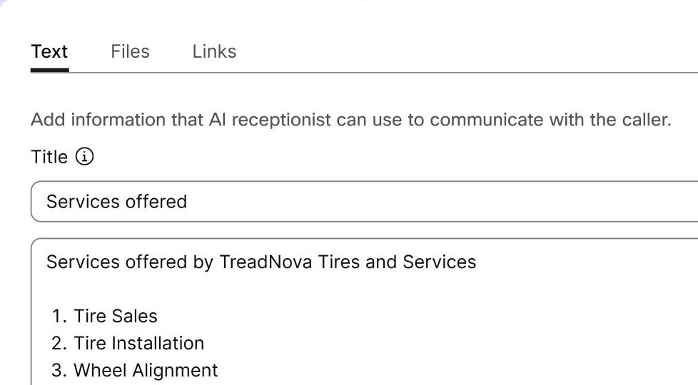 Knowledge base: text, files and links the AI receptionist is allowed to draw on when answering a caller.
